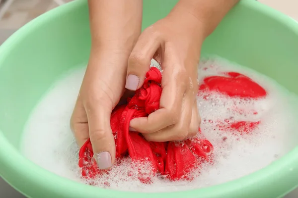 Woman Washing Color Clothes Basin Closeup — Stock Photo, Image