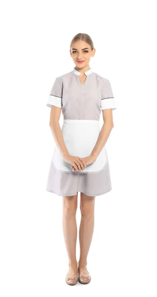 Ganztägiges Porträt Eines Jungen Zimmermädchens Ordentlicher Uniform Auf Weißem Hintergrund — Stockfoto
