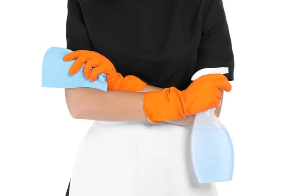 Young Chambermaid Rag Detergent White Background — Stock Photo, Image