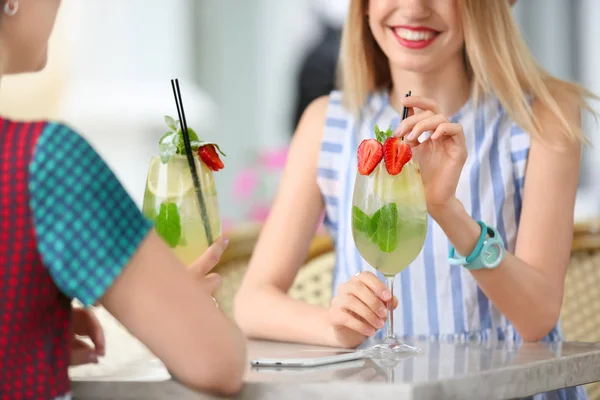 Young Women Glasses Tasty Lemonade Open Air Cafe — Stock Photo, Image