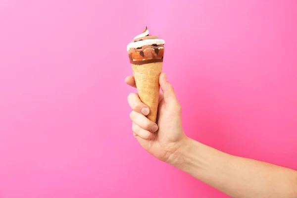 Woman Holding Yummy Ice Cream Color Background Focus Hand — Stock Photo, Image