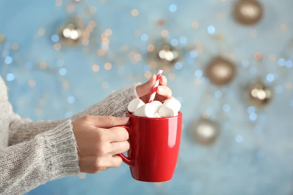 Young Woman Delicious Hot Cocoa Drink Blurred Background Closeup — Stock Photo, Image