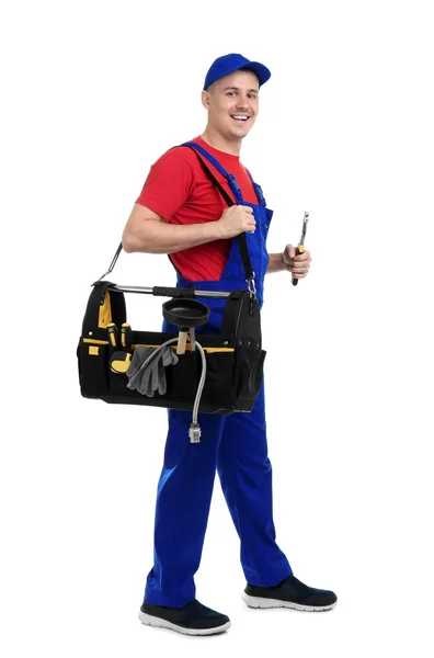 Young Plumber Tool Bag White Background — Stock Photo, Image