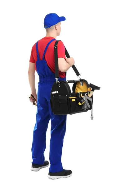 Young Plumber Tool Bag White Background — Stock Photo, Image