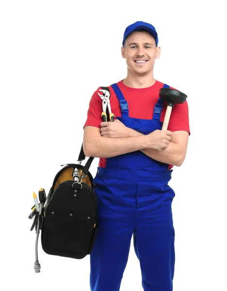 白い背景の上の工具袋と若い配管工 — ストック写真