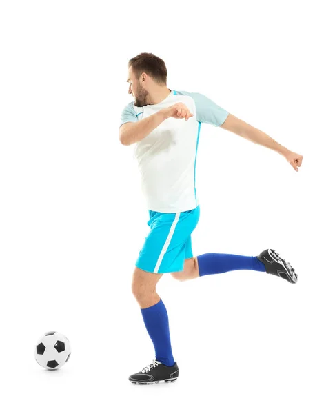 Молодой Человек Играет Футбол Белом Фоне — стоковое фото