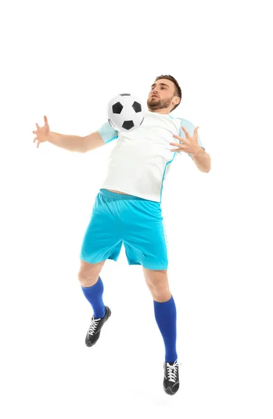 Joven Jugando Fútbol Sobre Fondo Blanco —  Fotos de Stock