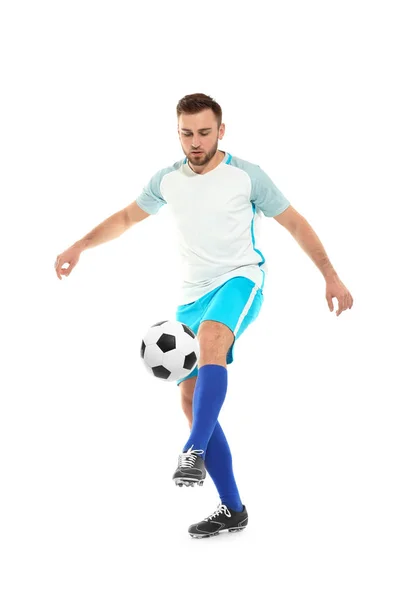 Jovem Jogando Futebol Fundo Branco — Fotografia de Stock