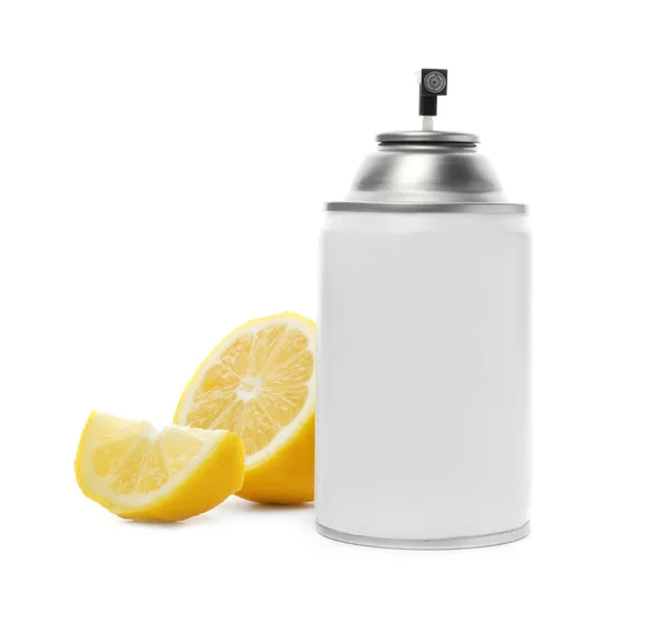 Spray Lufterfrischer Und Zitrone Auf Weißem Hintergrund — Stockfoto