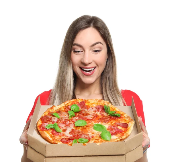 Jovem Atraente Com Deliciosa Pizza Fundo Branco — Fotografia de Stock
