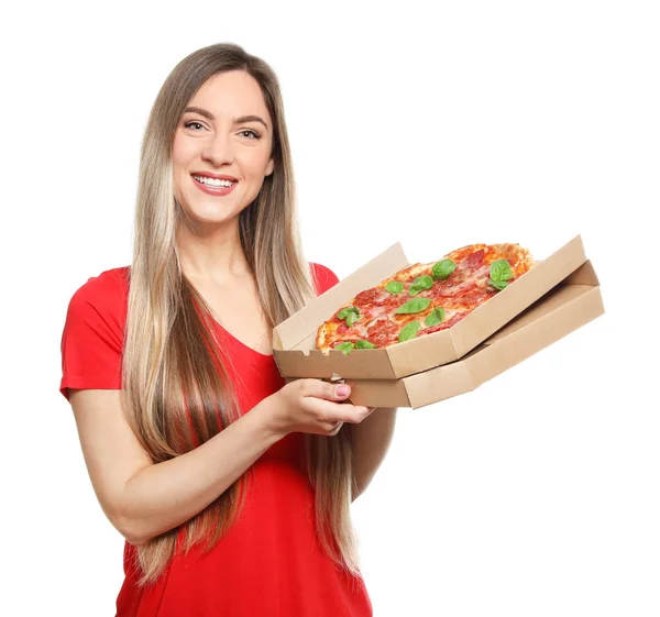 Jovem Atraente Com Deliciosa Pizza Fundo Branco — Fotografia de Stock