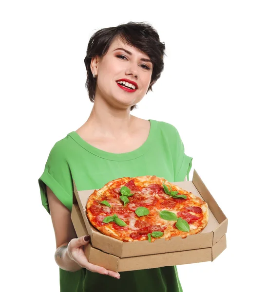 Jolie Jeune Femme Avec Une Délicieuse Pizza Sur Fond Blanc — Photo