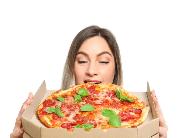 Jolie Jeune Femme Avec Une Délicieuse Pizza Sur Fond Blanc — Photo