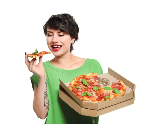 Jolie Jeune Femme Avec Une Délicieuse Pizza Sur Fond Blanc — Photo