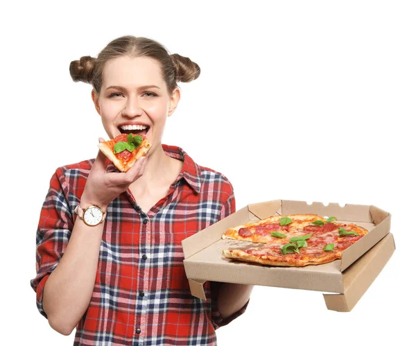 Jolie Jeune Femme Avec Une Délicieuse Pizza Sur Fond Blanc — Photo