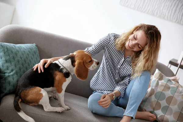 Jeune Femme Avec Son Chien Sur Canapé Maison — Photo