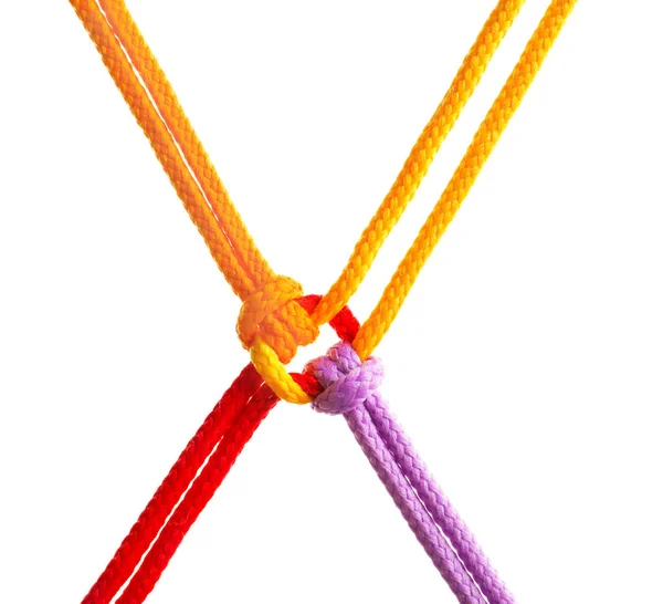 Colorful Ropes Tied Together White Background Unity Concept — Stock Photo, Image