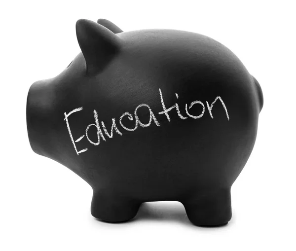 Piggy Bank Preto Com Palavra Education Fundo Branco — Fotografia de Stock