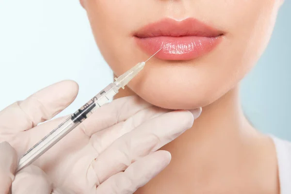 Young Woman Getting Lip Injection Color Background Closeup — Stock Photo, Image