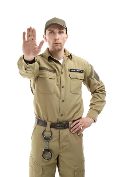 Muž Strážníky Uniformě Bílém Pozadí — Stock fotografie