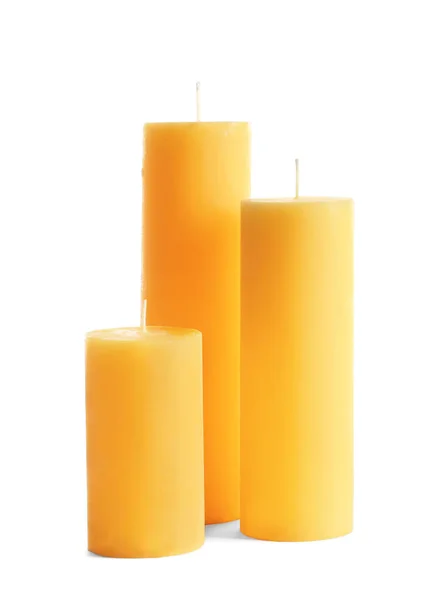 Žlutý Pilíř Voskové Svíčky Bílém Pozadí — Stock fotografie