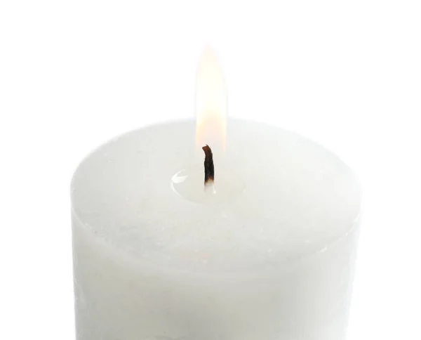 Burning Wax Candle White Background Closeup — Stock Photo, Image