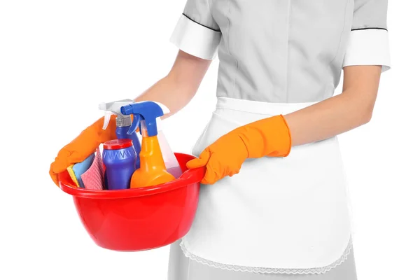 Young Chambermaid Holding Basin Cleaning Supplies White Background — Stock Photo, Image