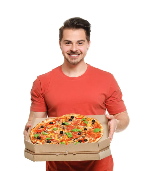 Jeune Homme Attrayant Avec Une Délicieuse Pizza Sur Fond Blanc — Photo