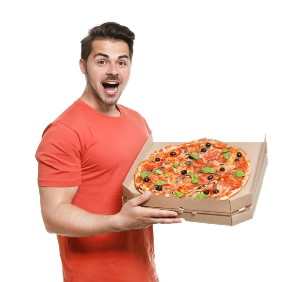 Attraktiv Ung Man Med Läcker Pizza Vit Bakgrund — Stockfoto