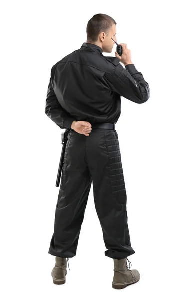 Male Security Guard Using Portable Radio Transmitter Color Background Royalty Free Stock Images