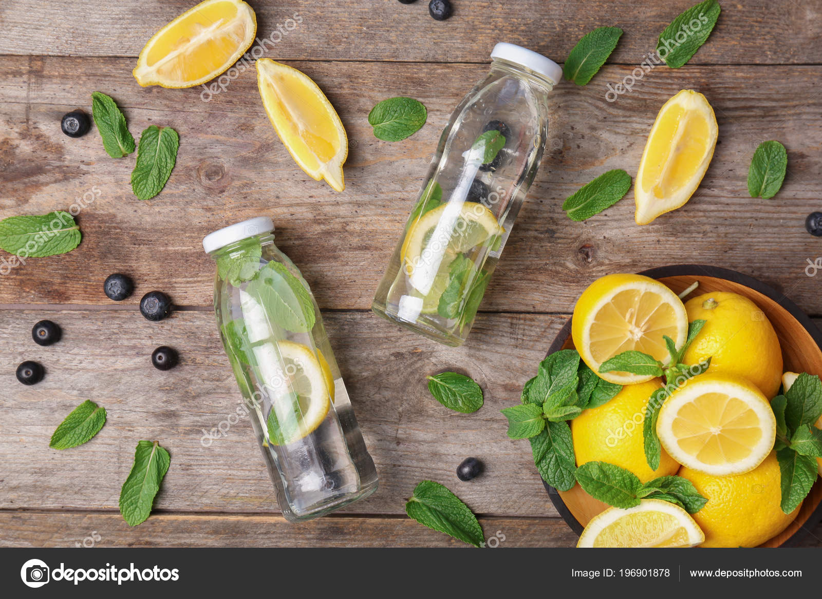 Flat Lay Composition Detox Lemonade Ingredients Wooden Background Stock Photo C Liudmilachernetska Gmail Com 196901878