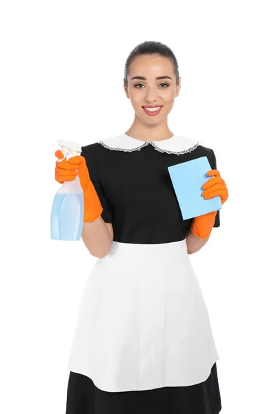 Jovem Camareira Com Pano Detergente Sobre Fundo Branco — Fotografia de Stock