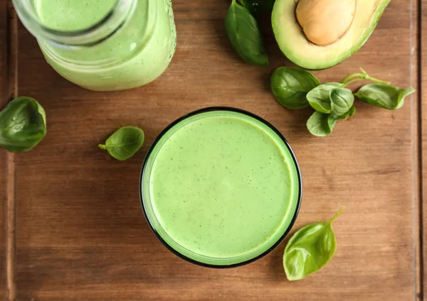 Plat Lag Samenstelling Met Gezonde Detox Smoothie Ingrediënten Houten Achtergrond — Stockfoto