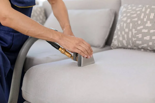 Dry Cleaning Worker Removing Dirt Sofa Indoors — Stock Photo, Image