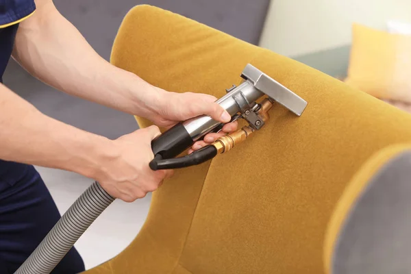 Male Worker Removing Dirt Armchair Professional Vacuum Cleaner Indoors Closeup — Stock Photo, Image