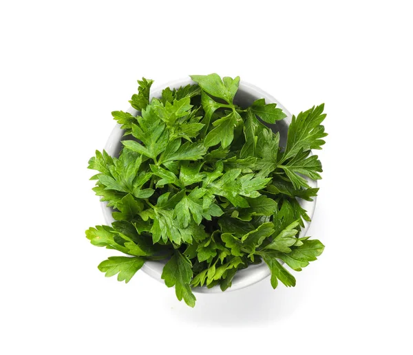 Bowl Fresh Green Parsley White Background Top View — Stock Photo, Image