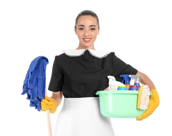 Young Chambermaid Holding Mop Plastic Basin Detergents White Background — Stock Photo, Image