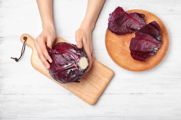 Woman Preparing Red Cabbage Table Top View — Stock Photo, Image