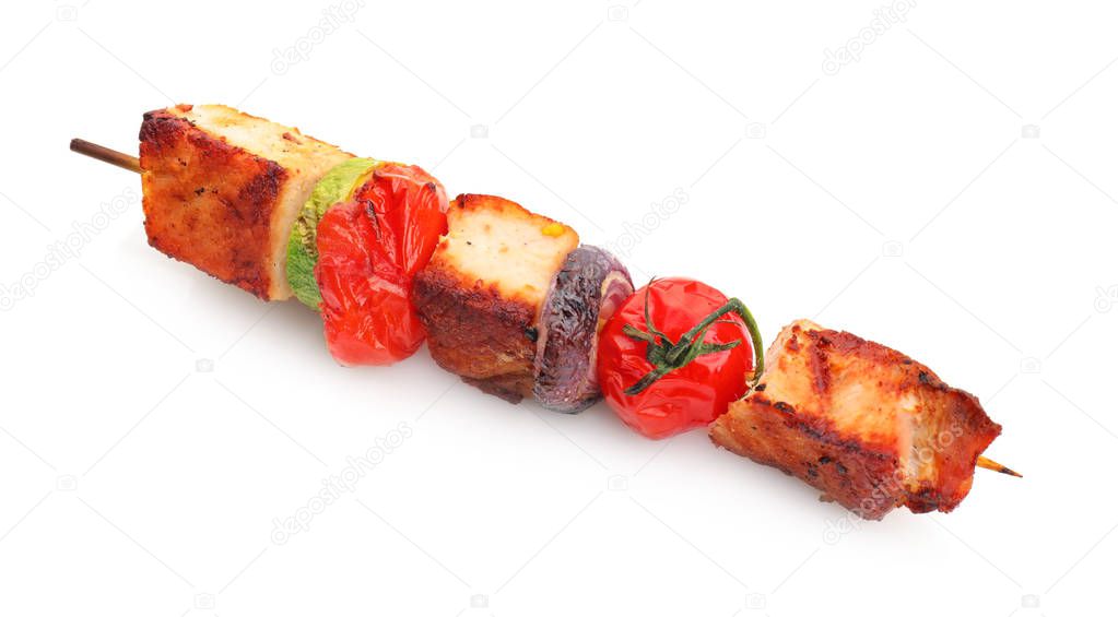 Juicy meat on barbecue skewer and vegetables on white background