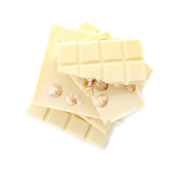 Köstliche Schokolade Mit Nüssen Auf Weißem Hintergrund Draufsicht — Stockfoto