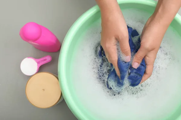 Woman Washing Color Clothes Basin Closeup — Stock Photo, Image