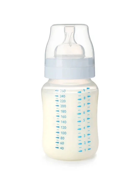 Baby Fles Met Melk Witte Achtergrond — Stockfoto