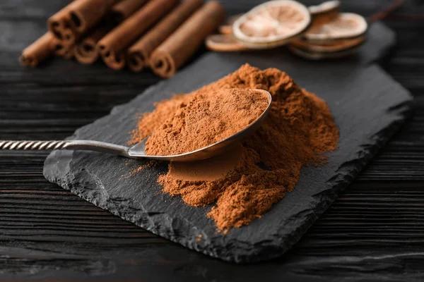 Aromatic Cinnamon Powder Sticks Wooden Background — Stock Photo, Image