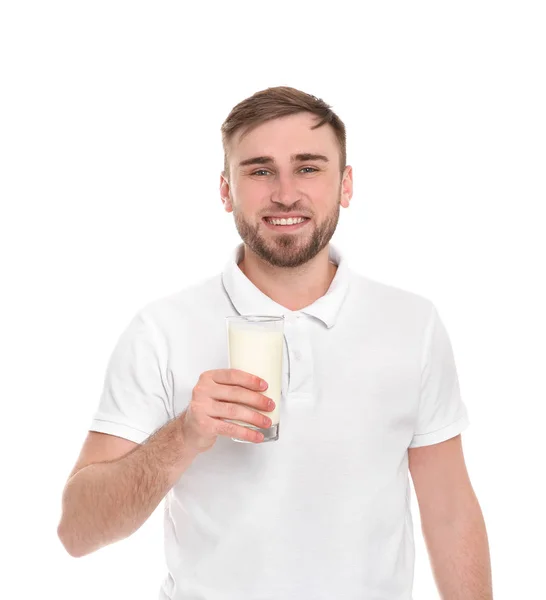 Joven Con Vaso Sabrosa Leche Sobre Fondo Blanco — Foto de Stock