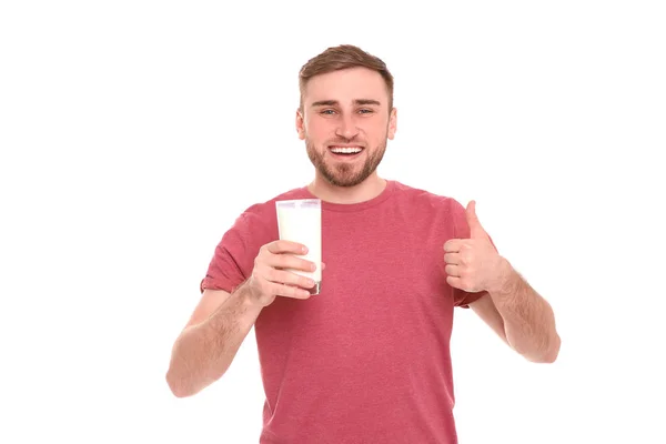 Jonge Man Met Glas Lekkere Melk Witte Achtergrond — Stockfoto