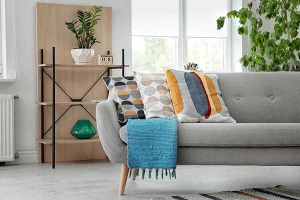 Elegantes Sofa Mit Weichen Kissen Wohnzimmer — Stockfoto