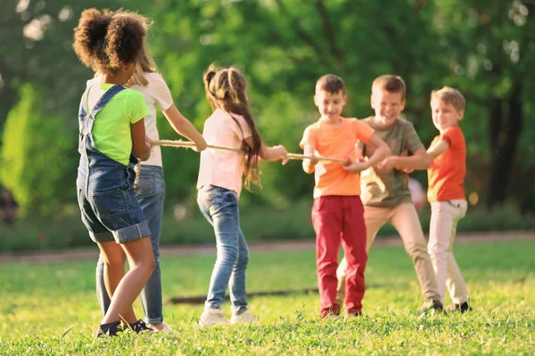 Niedliche Kleine Kinder Die Sonnigen Tagen Draußen Mit Seil Spielen — Stockfoto