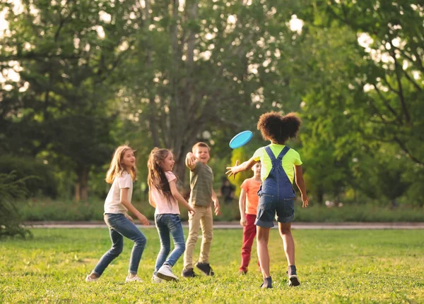 Lindos Niños Pequeños Jugando Con Frisbee Aire Libre Día Soleado —  Fotos de Stock