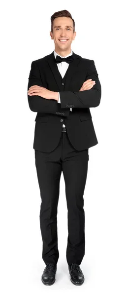 Ganzkörperporträt Eines Gutaussehenden Kellners Eleganter Uniform Auf Weißem Hintergrund — Stockfoto