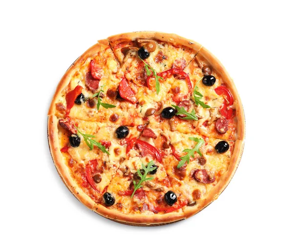 Deliciosa Pizza Com Azeitonas Salsichas Fundo Branco — Fotografia de Stock